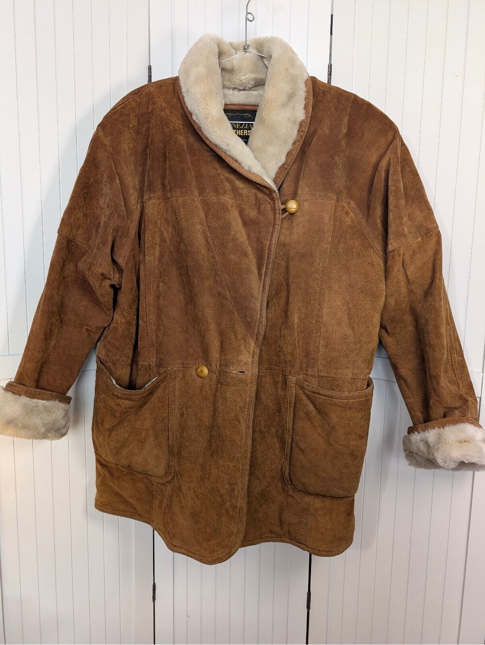 Venezia Leathers Vintage Suede Faux Shearling Coat 18/20 Brown Cream Y2K